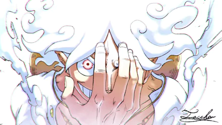 HD PC desktop wallpaper featuring Monkey D. Luffy in his Gear 5 form from the anime One Piece, showcasing intense expression and swirling smoke effects.