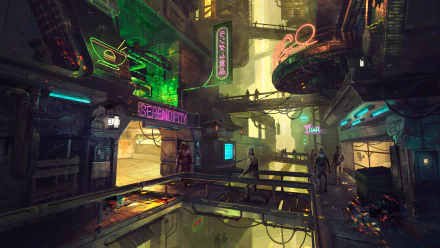A vibrant cyberpunk scene showcasing neon-lit streets and towering architecture, set in a futuristic city. This 4K Ultra HD wallpaper captures the essence of sci-fi allure.