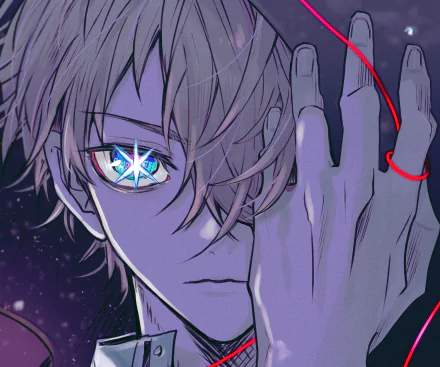 HD PC desktop wallpaper featuring Aquamarine Hoshino from the anime Oshi no Ko, showcasing detailed facial art with a glowing eye and a red thread around the hand.