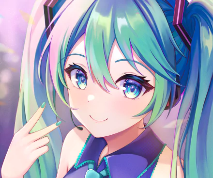 HD wallpaper featuring Hatsune Miku, the iconic anime Vocaloid character, with vibrant turquoise hair and expressive eyes, set against a soft, colorful background.