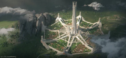 Fantasy city with towering central spires and radiating bridges surrounded by lush greenery and cliffs, rendered in high-definition for PC desktop wallpaper.