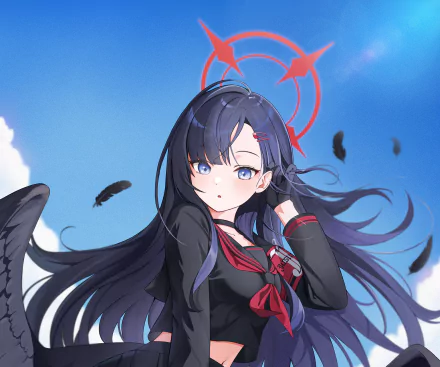 HD PC wallpaper of Ichika from the video game Blue Archive: long black hair, blue eyes, red-trimmed school uniform and ribbon, drifting black feathers, red target halo against bright blue sky.