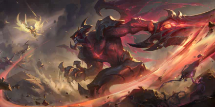 Aatrox (League of Legends) lunges with a massive crimson blade through exploding rubble and fiery arcs — HD PC desktop wallpaper, Legends of Runeterra video game art.