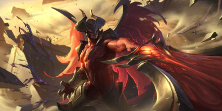 HD PC desktop wallpaper of Aatrox (League of Legends) from the video game Legends of Runeterra: a towering demonic warrior with crimson wings and a massive curved blade amid a fiery battlefield.