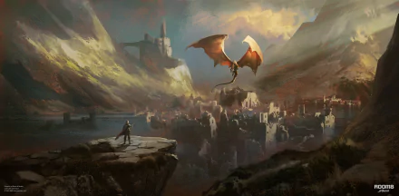 HD fantasy PC desktop wallpaper depicting a dragon soaring above a medieval city nestled between rugged mountains under a dramatic sky.