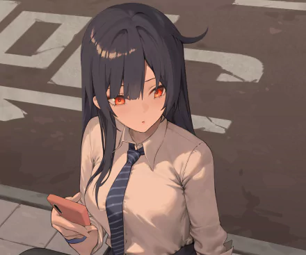 HD anime desktop wallpaper featuring a dark-haired anime girl with red eyes, wearing a white shirt and striped tie, set against an urban street background.