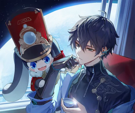 HD desktop wallpaper featuring Dan Heng and Pom-Pom from the video game Honkai: Star Rail, set against a celestial background.