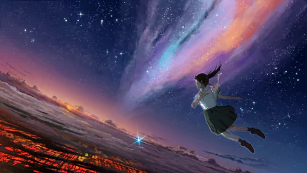 HD PC desktop wallpaper featuring Suzume Iwato from the anime Suzume no Tojimari, soaring against a vibrant starry sky with glowing city lights below.