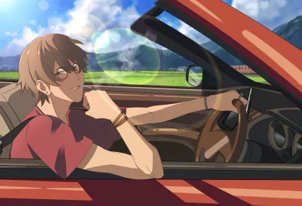 HD anime wallpaper of Tomoya Serizawa from Suzume no Tojimari, sitting confidently in a red convertible with a scenic landscape in the background.