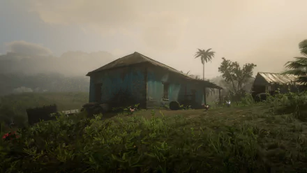 HD PC desktop wallpaper from the video game Red Dead Redemption 2: weathered wooden house and lone palm on a misty grassy plain at dawn, muted light and distant rolling hills.