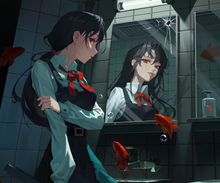 HD desktop wallpaper featuring Asa Mitaka from Chainsaw Man, gazing into a cracked mirror in a dimly lit bathroom with floating goldfish. The anime aesthetic and detailed artwork create a captivating background.