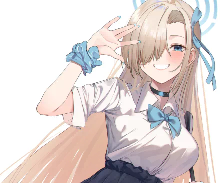 HD PC desktop wallpaper of Ichinose Asuna from the video game Blue Archive: smiling long-haired blonde in a school uniform with blue bow and scrunchie, one eye covered, hand raised in a playful wave.