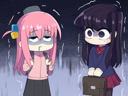 Anime crossover HD wallpaper featuring chibi versions of Komi Shouko and Hitori Gotou, displaying surprised expressions with a dark, eerie background.