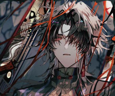 HD PC desktop wallpaper featuring Blade from the video game Honkai: Star Rail, showcasing detailed anime-style art with dark, intricate elements and red accents.