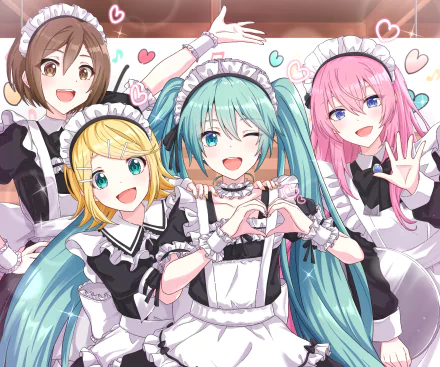 HD anime wallpaper featuring Vocaloid characters Meiko, Luka Megurine, Rin Kagamine, and Hatsune Miku dressed in maid outfits with cheerful expressions and colorful hearts.