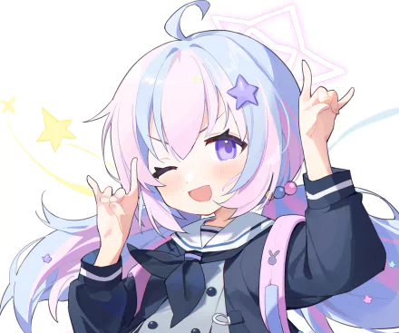 HD PC desktop wallpaper featuring Uzawa Reisa from the video game Blue Archive, showcasing a cheerful character with pastel hair and a star accessory.