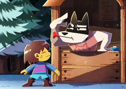 4K Ultra HD Undertale desktop wallpaper featuring Frisk and Doggo interacting near a wooden stall, set against a nighttime forest backdrop.