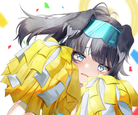 HD PC desktop wallpaper of video game character Nekozuka Hibiki from Blue Archive — close-up of her blue-eyed, black-and-white hair, goggles and yellow pom-poms with a shy, blushing expression.
