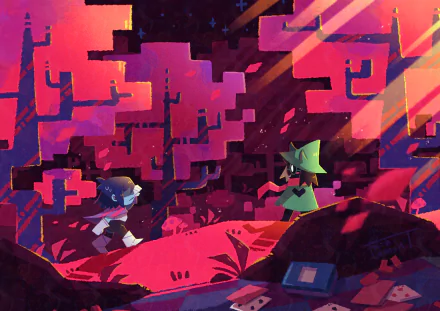 4K Ultra HD desktop wallpaper featuring Ralsei and Kris from the video game Deltarune in a vibrant, abstract digital landscape.