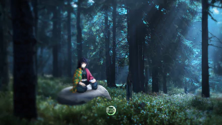 4K Ultra HD anime wallpaper featuring Giyu Shino from Demon Slayer: Kimetsu no Yaiba sitting on a rock in a moonlit forest.