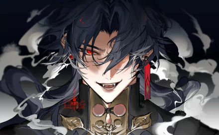 HD PC desktop wallpaper featuring Blade from the video game Honkai: Star Rail with dark hair, red eyes, and intricate outfit details against a smoky background.