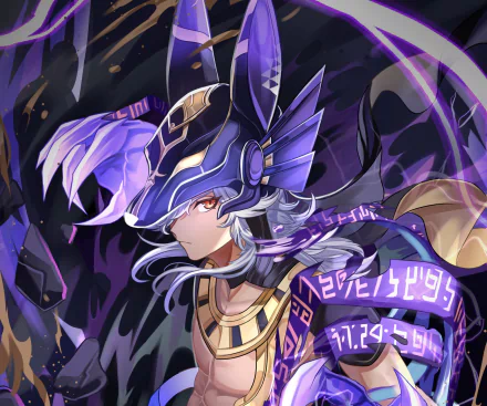 Cyno (Genshin Impact) in purple-lit battle pose with glowing sigils, dynamic video game art — 2K Quad HD PC desktop wallpaper background.