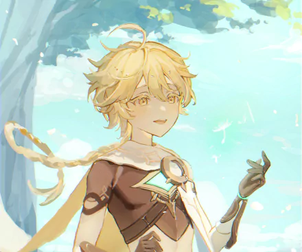 HD PC desktop wallpaper of Aether from the video game Genshin Impact, featuring him in a serene, softly lit outdoor setting.