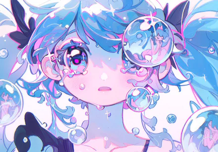 HD anime wallpaper featuring Hatsune Miku with vibrant blue hair and expressive eyes surrounded by floating bubbles, showcasing the iconic Vocaloid character's design.