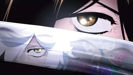 HD desktop wallpaper of the anime Hell's Paradise, featuring intense close-up shots of two characters' eyes, with a reflective blade separating their gazes.