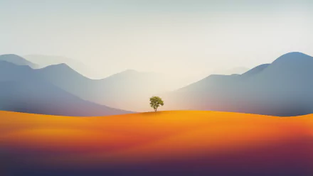 Artistic landscape 5K Ultra HD PC desktop wallpaper and background: lone tree on glowing orange dunes with layered blue mountains under a soft, pale sky.
