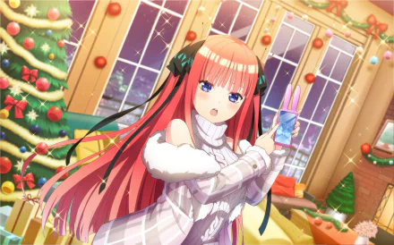 Nino Nakano from The Quintessential Quintuplets is featured in this vibrant HD anime wallpaper, set in a festive, decorated room with Christmas trees and warm lighting.
