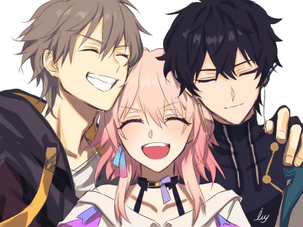 HD PC desktop wallpaper featuring Dan Heng and March 7th from the video game Honkai: Star Rail smiling and posing together.