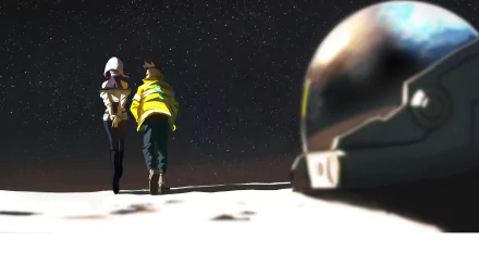 A HD wallpaper featuring David and Lucy from Cyberpunk: Edgerunners walking in a futuristic, starry landscape with a helmet in the foreground.