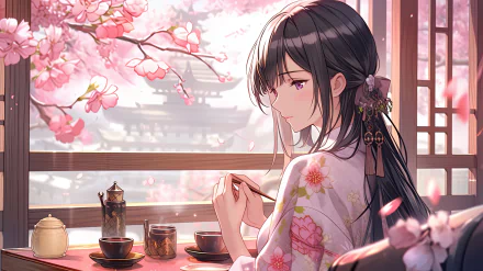 An 8K Ultra HD anime-style illustration of a girl in traditional floral attire, sitting by a window with cherry blossoms in full bloom outside, creating a serene atmosphere.