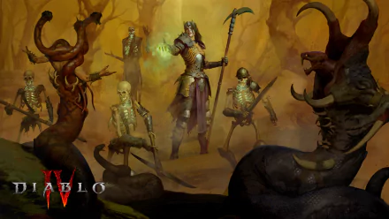 HD desktop wallpaper for Diablo IV featuring a necromancer surrounded by skeletons and menacing creatures in a dark, mystical setting.