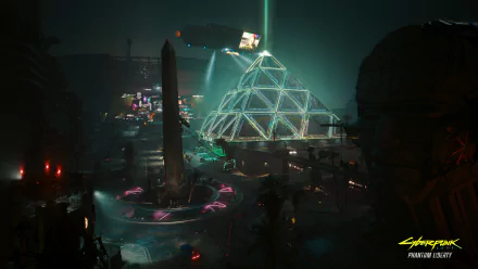 4K Ultra HD Cyberpunk 2077 PC desktop wallpaper featuring a neon-lit futuristic cityscape with a glowing pyramid structure and an obelisk under a dark sky.
