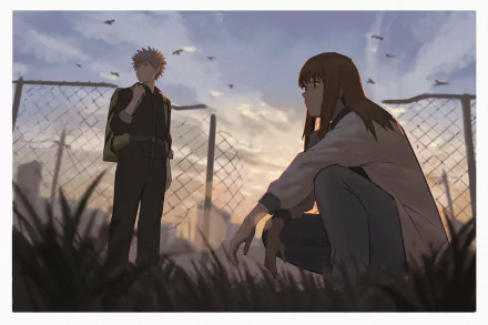 Maru and Kiruko from Heavenly Delusion stand by a chain-link fence at sunset in this HD anime desktop wallpaper.