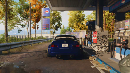 8K Ultra HD PC wallpaper of a BMW at a gas station in the video game Need for Speed Unbound, showcasing detailed autumn scenery and vibrant lighting effects.