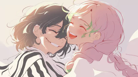 Mitsuri Kanroji and Obanai Iguro from Demon Slayer: Kimetsu no Yaiba share a joyful moment in a 4K Ultra HD anime desktop wallpaper.