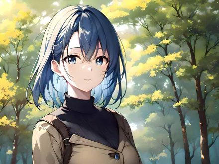 4K Ultra HD anime-style digital art of a girl with blue hair standing in a sunlit forest, blending detailed AI art techniques for a vivid PC desktop wallpaper.