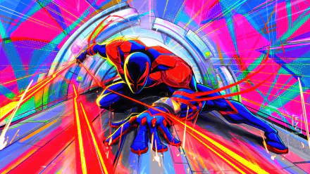 HD wallpaper featuring Spider-Man 2099 (Miguel O'Hara) from Spider-Man: Across the Spider-Verse, in an action pose with vibrant, colorful background.
