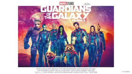 Marvel's Guardians of the Galaxy Vol. 3 movie HD PC desktop wallpaper showing the team in space suits with Rocket front-and-center against a vivid, colorful cosmic sunset backdrop.