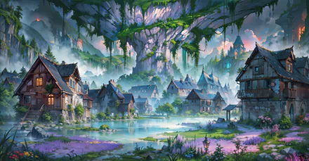 A vibrant HD desktop wallpaper depicting a colorful fantasy cavern landscape with quaint houses surrounding a serene lake, under a lush, moss-covered cavern ceiling.