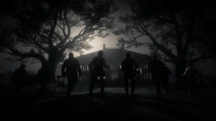 HD PC wallpaper featuring the Arthur Morgan gang silhouetted against the eerie glow of a house from the video game Red Dead Redemption 2.
