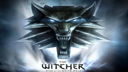 HD PC desktop wallpaper of The Witcher video game: metallic wolf medallion with glowing blue eyes amid smoky light and the game title at the bottom.