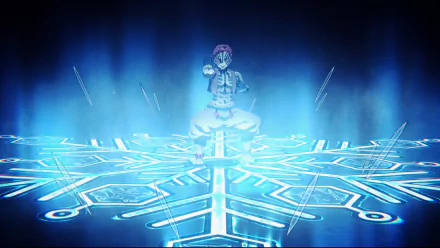 HD PC desktop wallpaper featuring Akaza from Demon Slayer: Kimetsu no Yaiba, depicted with glowing blue energy and intricate circular patterns in an anime style.