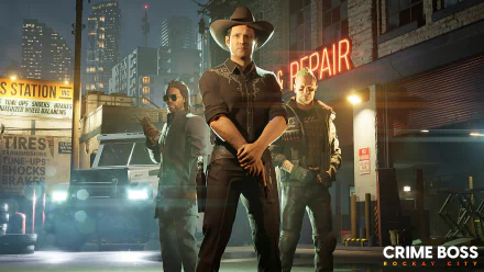 HD desktop wallpaper featuring three characters from the video game Crime Boss: Rockay City, standing on a neon-lit street.
