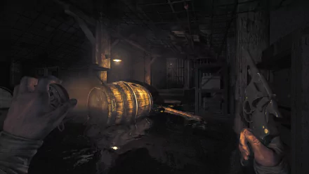 HD wallpaper featuring a suspense-filled scene from Amnesia: The Bunker with eerie lighting and a first-person perspective holding a crank and a revolver.