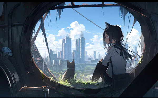 A serene 8K Ultra HD anime artwork depicting a girl with cat ears gazing at a futuristic city skyline, accompanied by a cat, blending nature and urban life.
