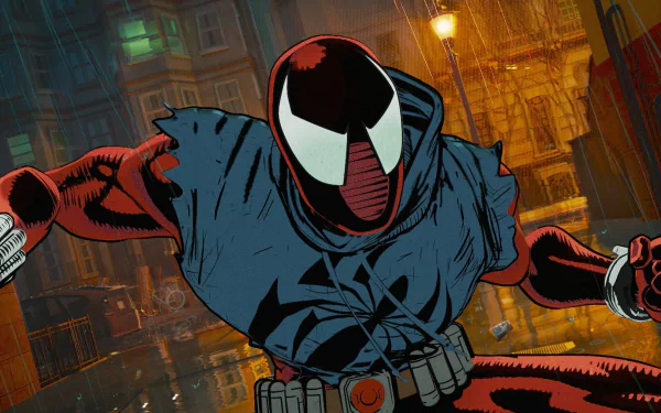 HD PC desktop wallpaper featuring Ben Reilly from the movie Spider-Man: Across the Spider-Verse in an action pose against a city night backdrop.